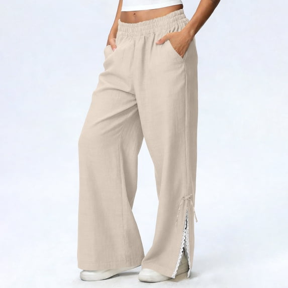 AUNVITO Women's Casual Wide Leg Pants with Lace Trim Drawstring-Free Comfortable Fit