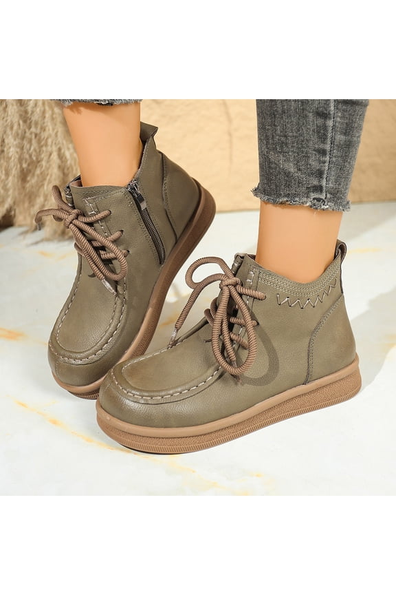 Women's Casual Winter Ankle Boots with Side Zipper & Lace-Up Closure, Faux Leather, Comfortable Flat Sole, Brown/Olive Green