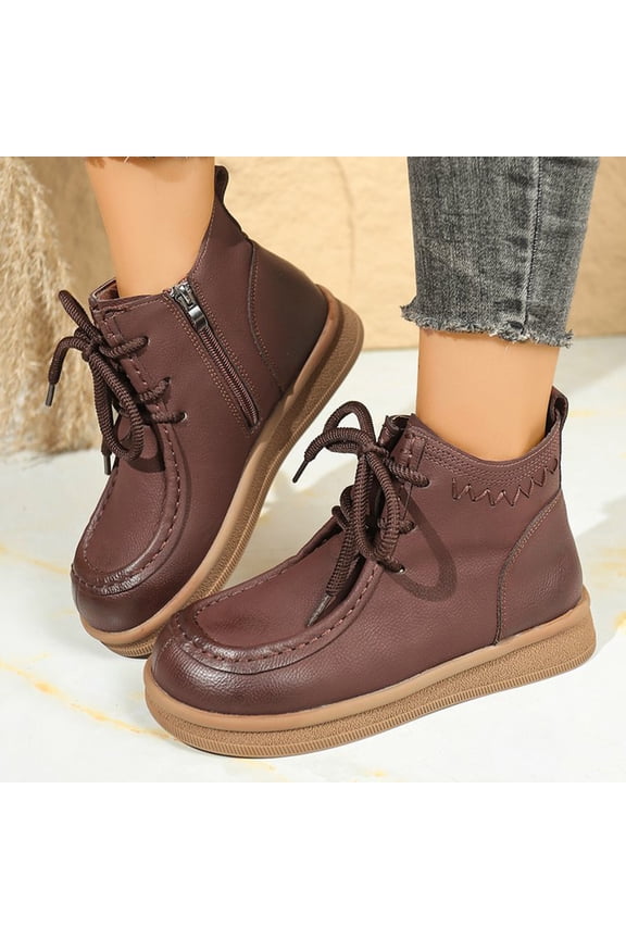 Women's Casual Winter Ankle Boots with Side Zipper & Lace-Up Closure, Faux Leather, Comfortable Flat Sole, Brown/Olive Green