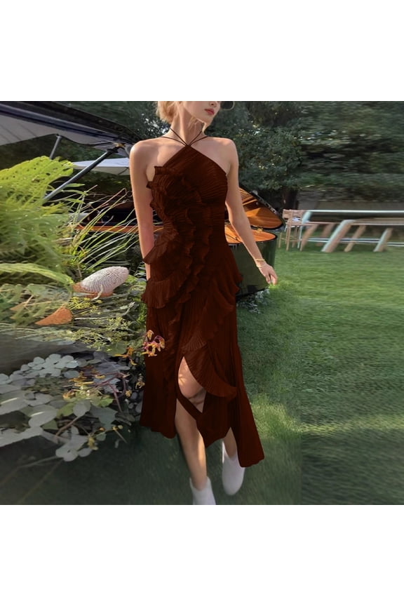 Women's Chiffon Dress Ruffle Hem V Neck Slip Elegant Flowy Midi Dress with Waist Defining Fit