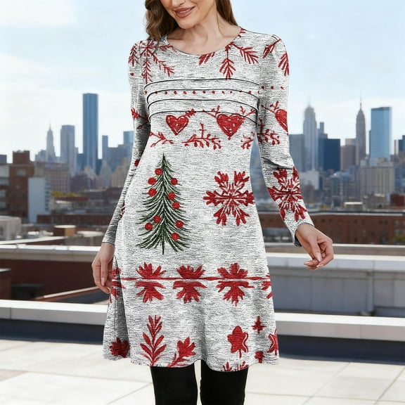 AUNVITO Women's Christmas Dress Round Neck Ruffled Long Sleeve with Pocket Casual and Festive Christmas Print Style
