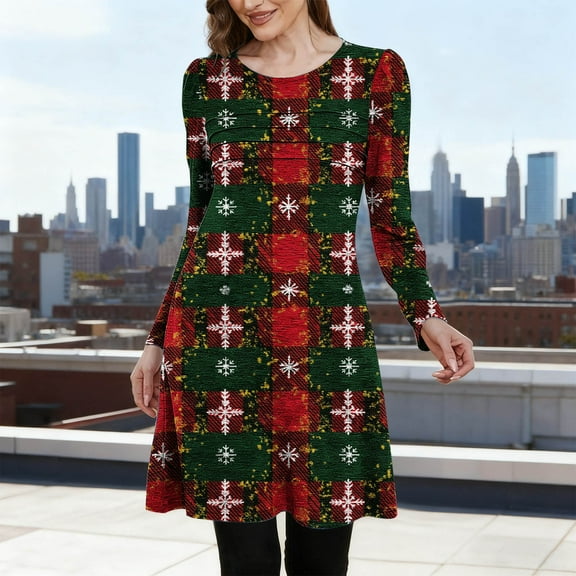 AUNVITO Women's Christmas Dress Round Neck Ruffled Long Sleeve with Pocket Casual and Festive Christmas Print Style