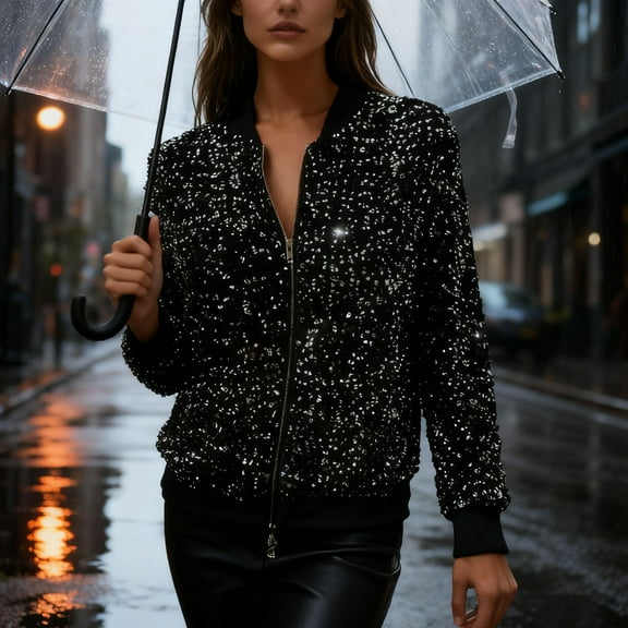 AUNVITO Women's Christmas Glitter Jacket Long Sleeve Zip Coat Casual and Festive Party Style