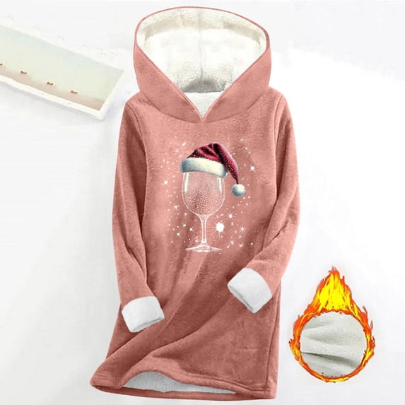 AUNVITO Women's Christmas Hooded Sweatshirt Long Sleeve with Festive Print Cozy Fleece-Lined Casual Winter Top