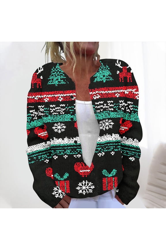 Women's Christmas Print Hooded Cardigan Sweatshirt Button-Up Long Sleeve Knitted Coat Loose Fit Cozy Winter Outerwear