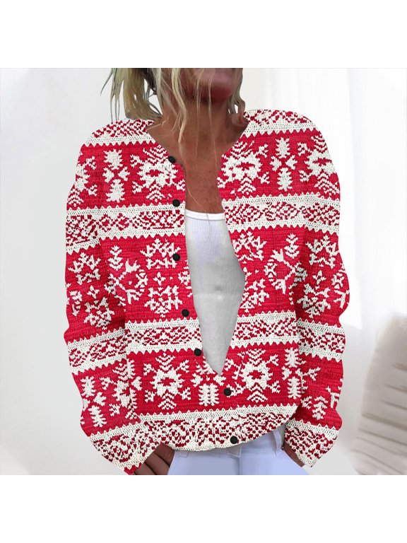 Women's Christmas Print Hooded Cardigan Sweatshirt Button-Up Long Sleeve Knitted Coat Loose Fit Cozy Winter Outerwear
