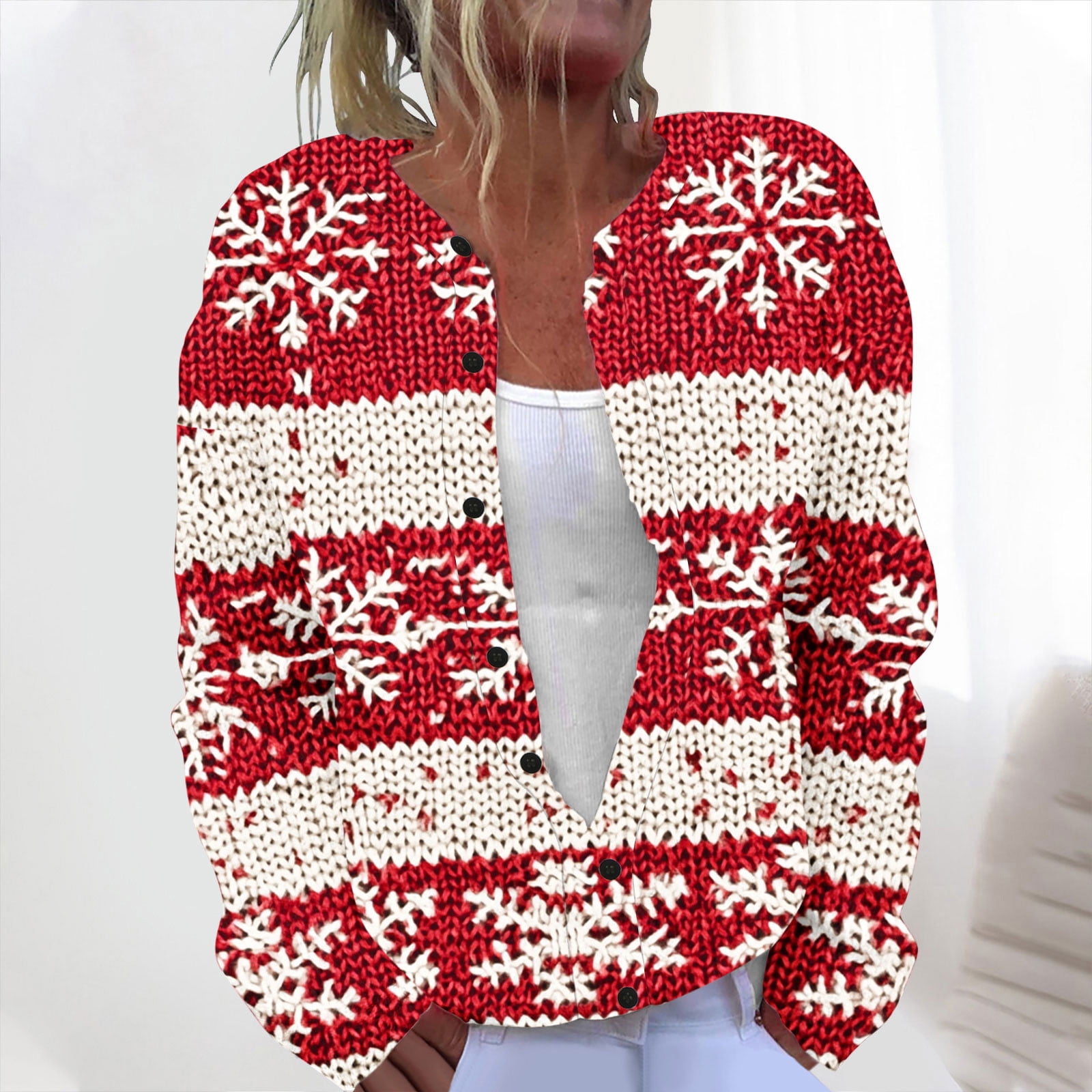 Printed shirt collar top Holiday style cardigan button jacket