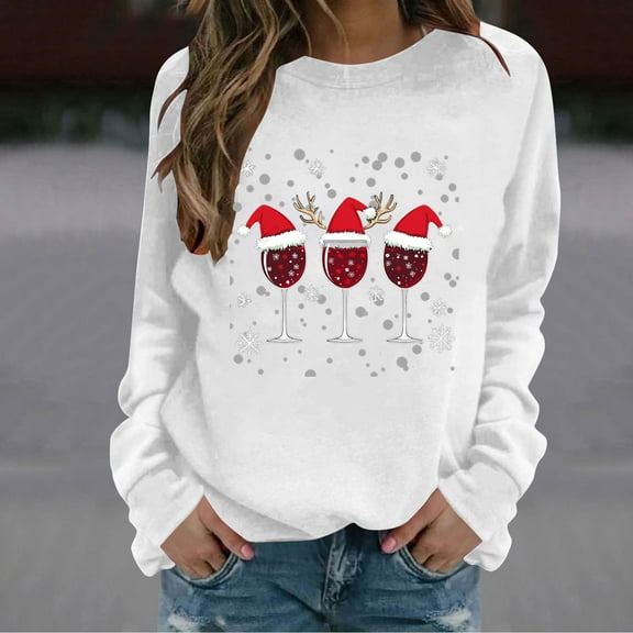 AUNVITO Women's Christmas Print Loose Fit Casual Long Sleeve Sweatshirt Japanese Polyester Lightweight Holiday Party Top