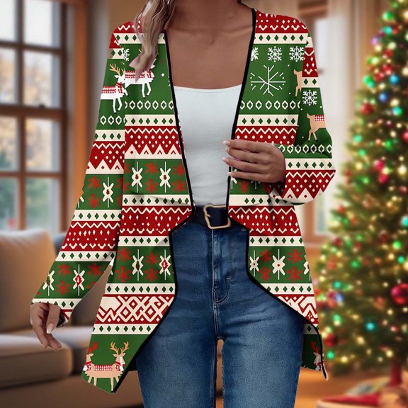 AUNVITO Women's Christmas Printed Cardigan Long Sleeve Casual Blouse Navy Floral Cozy Knit Blend Loose Regular Fit for Everyday Wear & Holiday OutRegular Fits
