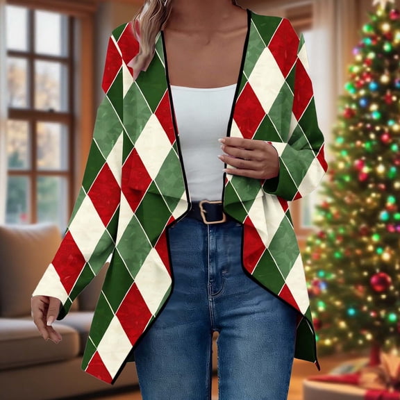 AUNVITO Women's Christmas Printed Cardigan Long Sleeve Casual Blouse Navy Floral Cozy Knit Blend Loose Regular Fit for Everyday Wear & Holiday OutRegular Fits