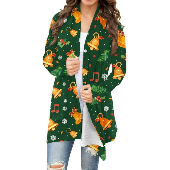 AUNVITO Women's Christmas Printed Cardigan Soft Breathable Long Sleeve Open Front Knit Jacket Top for Holiday Party