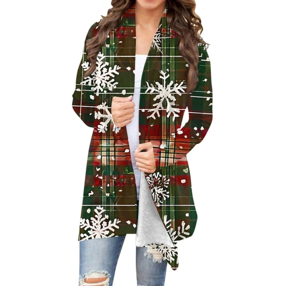 AUNVITO Women's Christmas Printed Cardigan Soft Breathable Long Sleeve Open Front Knit Jacket Top for Holiday Party