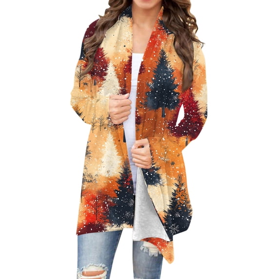AUNVITO Women's Christmas Printed Cardigan Soft Breathable Long Sleeve Open Front Knit Jacket Top for Holiday Party