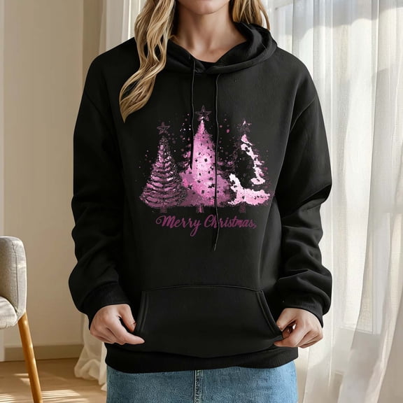 AUNVITO Women's Christmas Sweatshirt Hooded Long Sleeve with Festive Print Casual and Cozy Winter Style