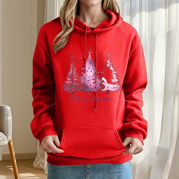 AUNVITO Women's Christmas Sweatshirt Hooded Long Sleeve with Festive Print Casual and Cozy Winter Style