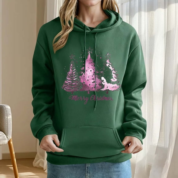 AUNVITO Women's Christmas Sweatshirt Hooded Long Sleeve with Festive Print Casual and Cozy Winter Style