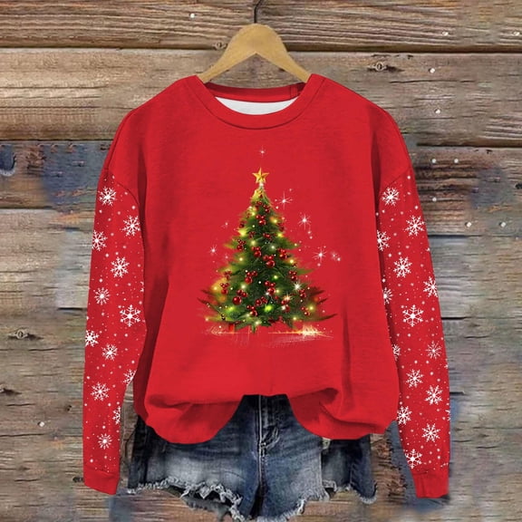 AUNVITO Women's Christmas Sweatshirt Long Sleeve Round Neck with Festive Print Casual Loose Pullover for Holiday Style