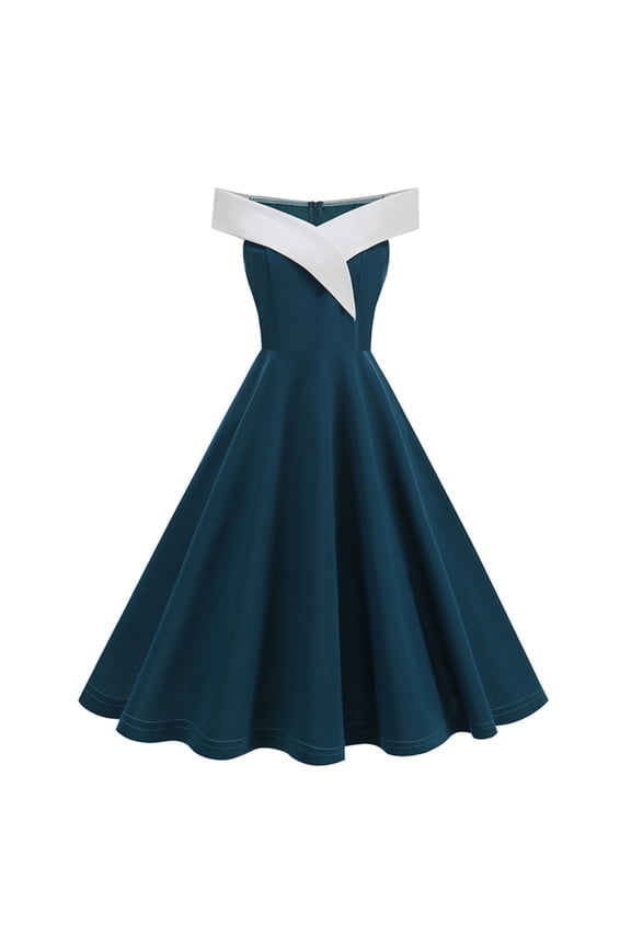 Women's Cocktail Dress Off-Shoulder Sleeveless Color Block Circle Skirt Vintage Retro Style