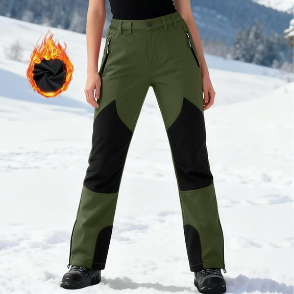 AUNVITO Women's Color-Block Fleece-Lined Ski Pants with Pockets Warm Winter Sportswear Casual and Functional