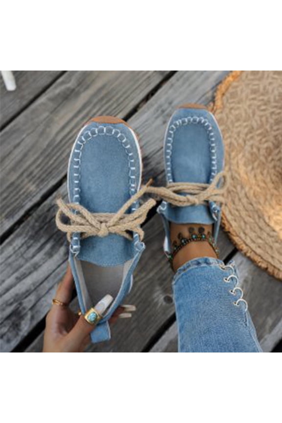 Women's Comfortable Faux Suede Loafers with Rope Lacing, Flat Casual Shoes in Black/Burgundy/Brown/Blue for Leisure & Ethnic Style