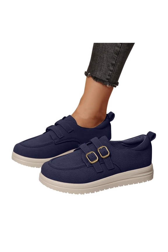 Women's Comfortable Loafers with Vintage Buckle, Soft Faux Suede & Hook-and-Loop Closure Casual Slip-On Shoes in Navy/Brown/Tan