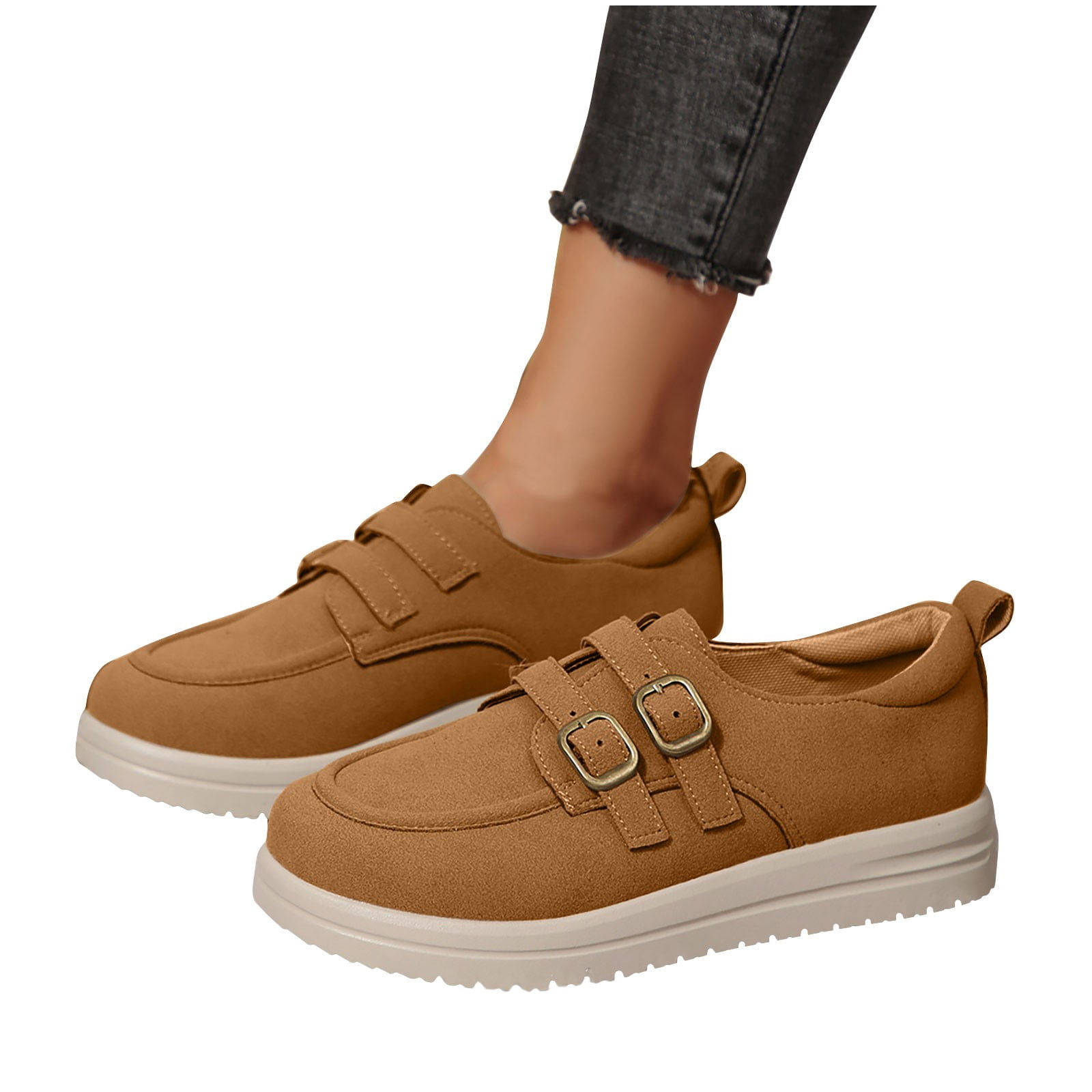 Women's Comfortable Loafers with Vintage Buckle, Soft Faux Suede & Hook-and-Loop Closure Casual Slip-On Shoes in Navy/Brown/Tan