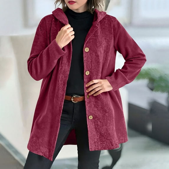 AUNVITO Women's Corduroy Jacket Long Sleeve Hooded Loose Fit Casual Solid Color Cotton Spandex Blend Outerwear for Fall Winter