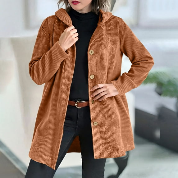 AUNVITO Women's Corduroy Jacket Long Sleeve Hooded Loose Fit Casual Solid Color Cotton Spandex Blend Outerwear for Fall Winter