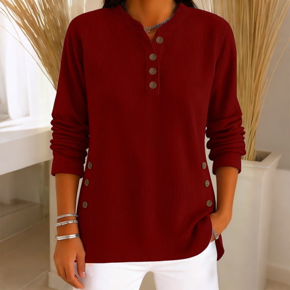 AUNVITO Women's Corduroy T-shirt Long Sleeve V-Neck Button Front Casual Fit Casual and Comfortable Fall Winter Style