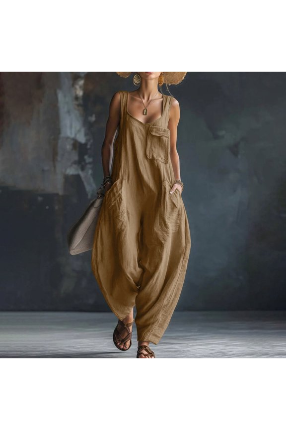 Women's Cotton Jumpsuit with Adjustable Straps Multiple Pockets Loose Fit Comfortable Long Pants Casual and Stylish