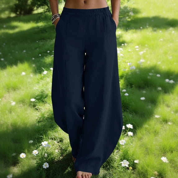 AUNVITO Women's Cotton Pants Relaxed Wide Leg with Lantern Cuff Design Casual and Comfortable Style