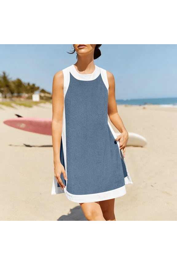 Women's Cotton Two-Piece Dress Set Round Neck Sleeveless Short Dress Casual and Fashionable