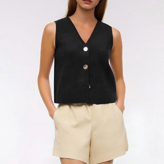 AUNVITO Women's Cotton V-Neck Button Front Tank Top Casual Comfortable Everyday Wear