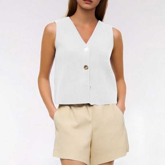 AUNVITO Women's Cotton V-Neck Button Front Tank Top Casual Comfortable Everyday Wear