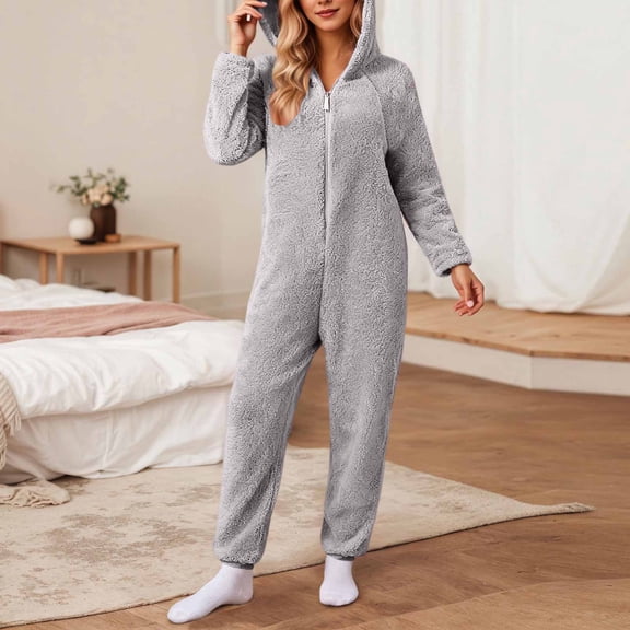 AUNVITO Women's Cozy Hooded Long Sleeve Jumpsuit with Front Zipper Casual Loungewear Style