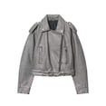 thumbnail image 1 of AUNVITO Women's Cropped Biker Jacket with Zipper Pockets & Adjustable Waist Belt, Long Sleeve Non-Hooded Casual Outerwear Washed Leather Look Nylon-Spandex Blend, 1 of 3