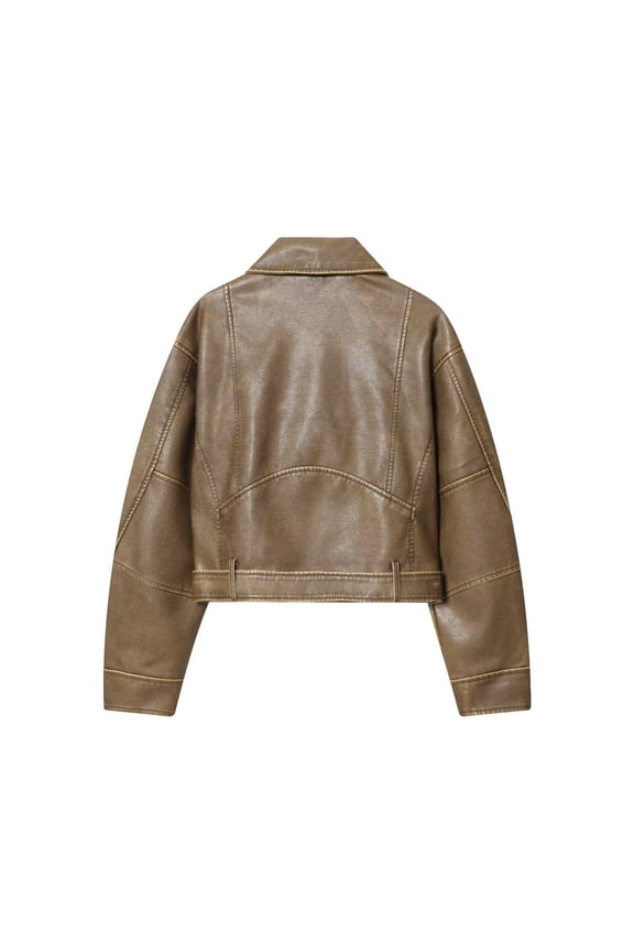 Women's Cropped Biker Jacket with Zipper Pockets & Adjustable Waist Belt, Long Sleeve Non-Hooded Casual Outerwear Washed Leather Look Nylon-Spandex Blend