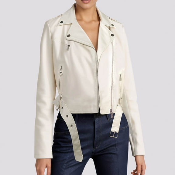 AUNVITO Women's Cropped PU Leather Jacket Biker Style Notched Collar Casual Outerwear Windbreaker Loose Fit Lightweight