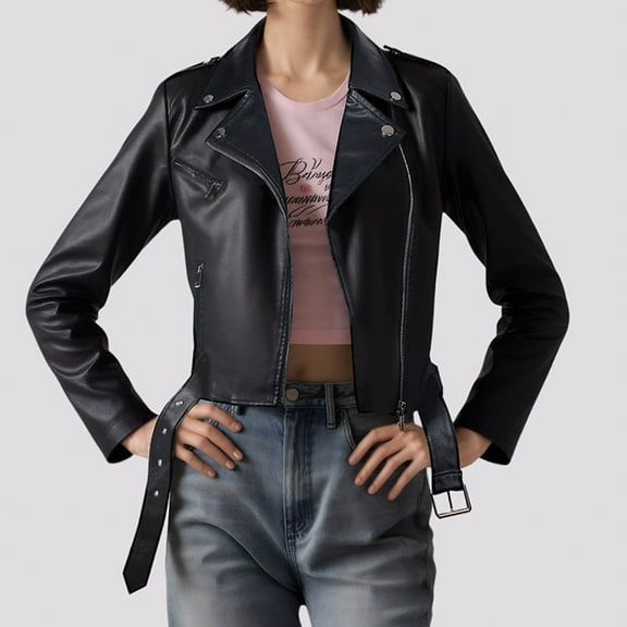 AUNVITO Women's Cropped PU Leather Jacket Biker Style Notched Collar Casual Outerwear Windbreaker Loose Fit Lightweight
