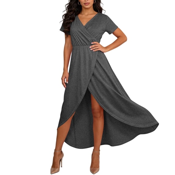 AUNVITO Women's Cross Front V-Neck Short Sleeve Dress with Elastic Waist and Slit Hem Casual Flowy Style