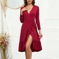 thumbnail image 1 of AUNVITO Women's Deep V Neck Long Sleeve Tie Waist Ruffle Hem Dress Casual Elegant, 1 of 6