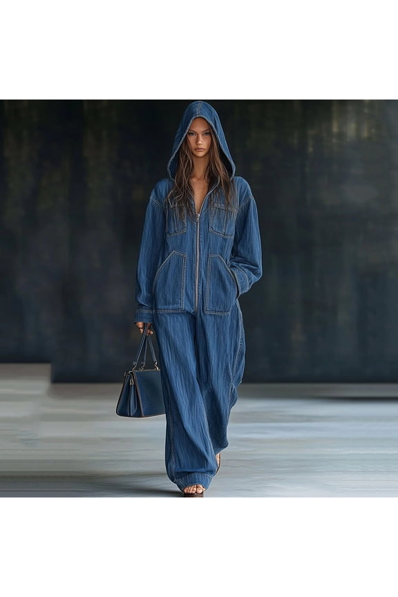 Women's Denim Jumpsuit Winter Solid Color Hooded with Pockets Casual Style