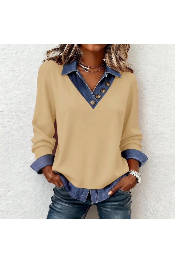 Women's Denim Patch Sweatshirt Long Sleeve Notched Collar Button Detail Casual and Trendy Pullover Top