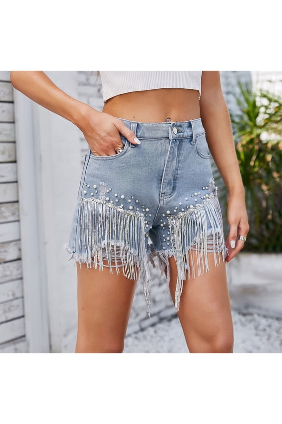 Women's Denim Shorts with Rhinestone Studded Fringe Pocket Casual and Fashionable Style