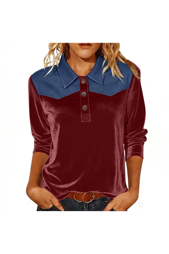Women's Denim Velvet Blouse Raglan Three Quarter Sleeve Patchwork Design Casual Chic Style