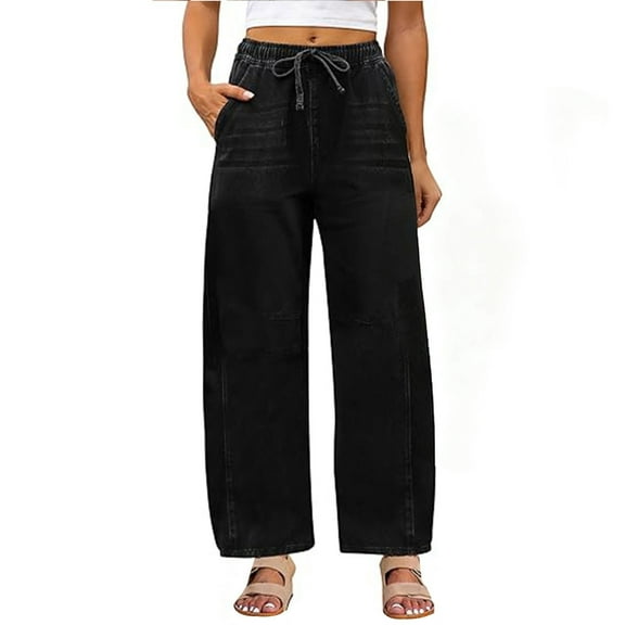 AUNVITO Women's Denim Wide-Leg Pants - Drawstring Waist, Loose Fit with Patch Pockets for Casual Daily Wear