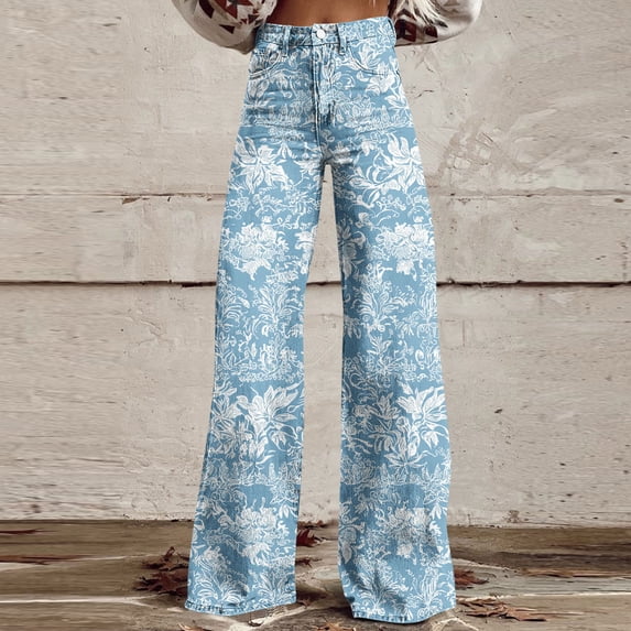 AUNVITO Women's Denim-like Print Casual Pants with Button Closure Front Pockets and Zipper Fly for Relaxed Fit and Comfortable Wear