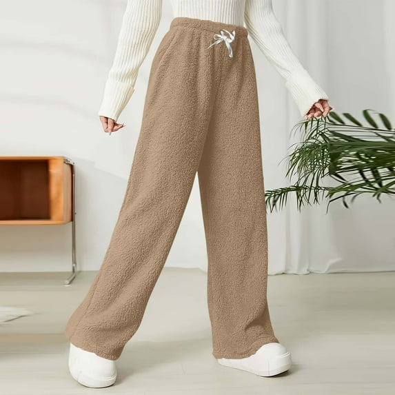 AUNVITO Women's Double-Sided Fleece Pants with Elastic Waist & Pockets, Straight Leg Solid Color Winter Warmth Casual Comfort