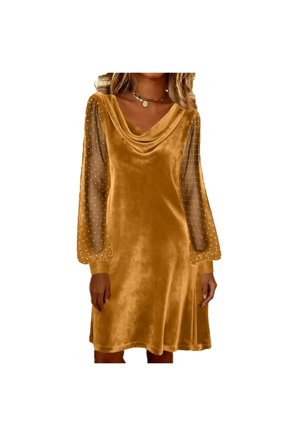 Women's Dress Long Sleeve with Mesh Insert and Rhinestone Details Elegant and Chic Style