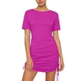 thumbnail image 1 of AUNVITO Women's Dress Solid Color Round Neck Short Sleeve Adjustable Drawstring Slim Fit Casual Chic, 1 of 7